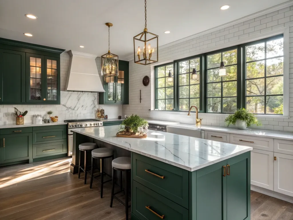 "Luxurious modern kitchen with hunter green cabinets, Carrara marble countertops, oak island, and brass pendant lights in morning light"