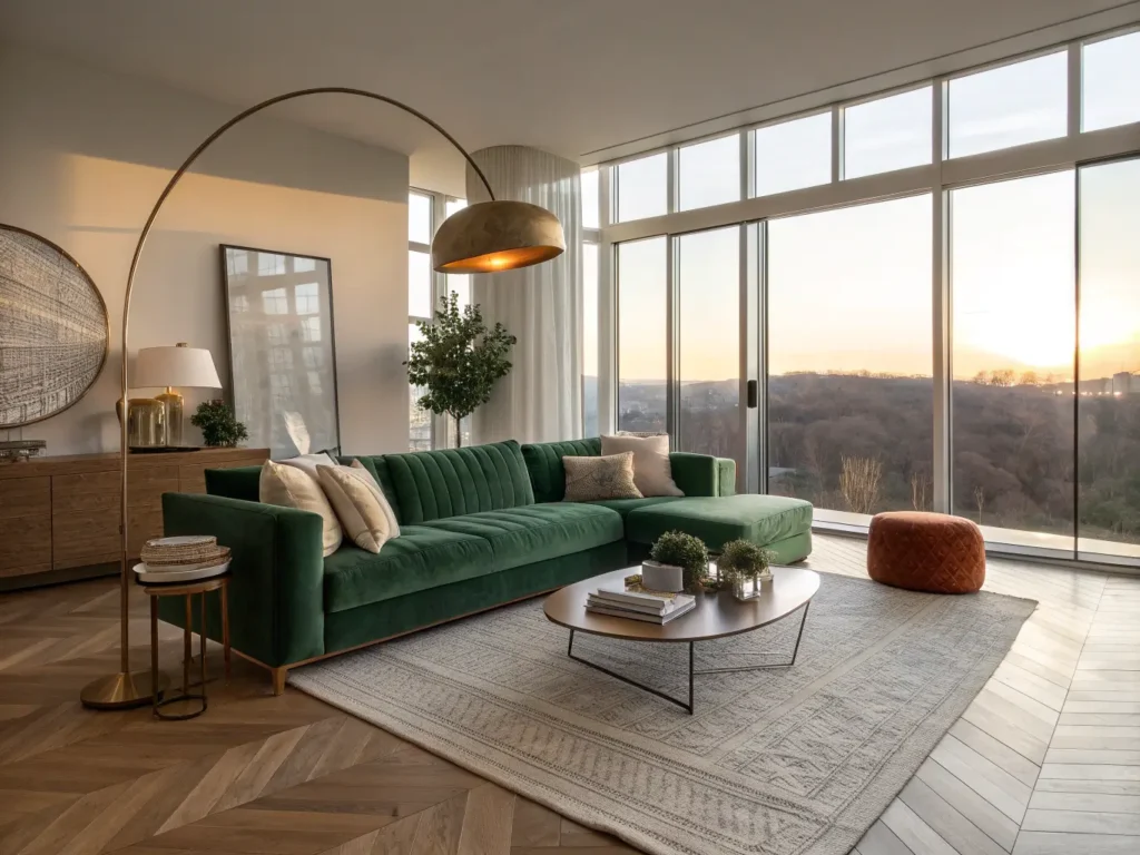 "Contemporary living room with emerald green velvet sectional sofa, minimalist brass floor lamp, and muted abstract wall art in golden hour lighting"