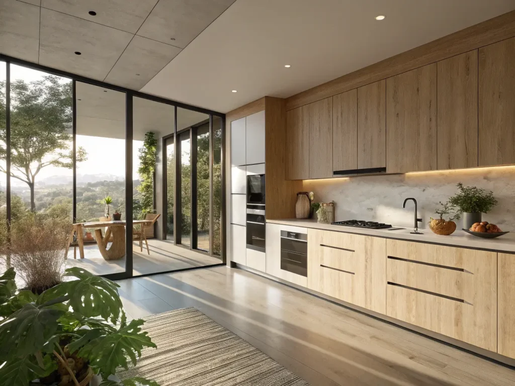 "Modern kitchen with sunlight illuminating maple cabinets, waterfall quartz island, matte black appliances and minimalist decor, accentuated by golden hour lighting."