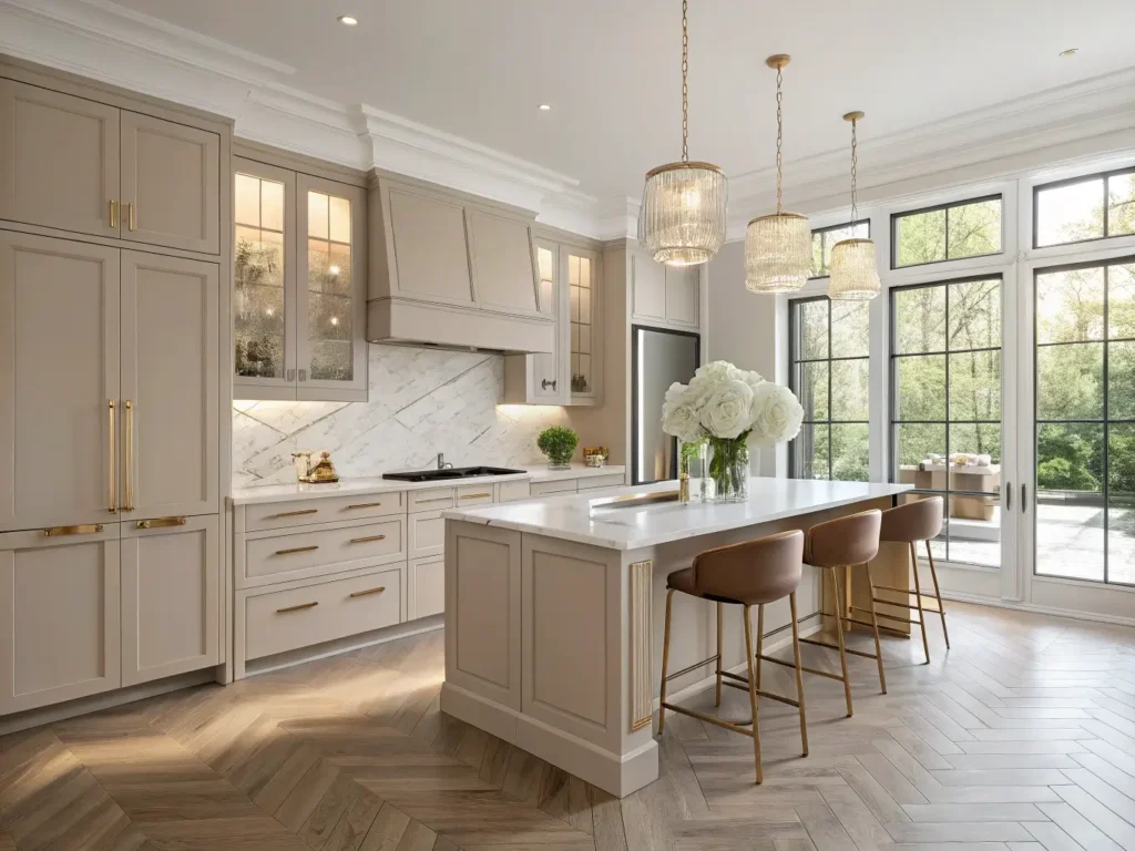 "Modern luxury kitchen with taupe cabinets, white marble island, golden pendant lights, and leather counter stools under natural sunlight"