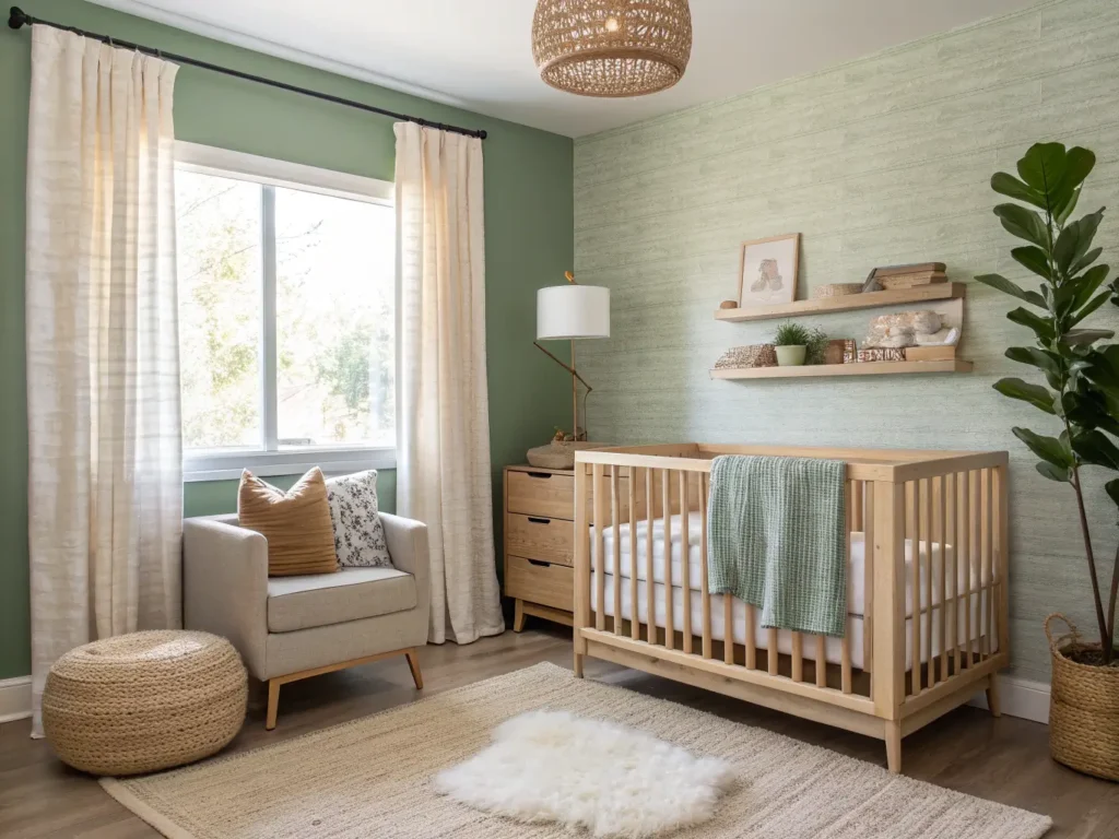 "Modern minimalist nursery with sage green accent wall, convertible maple wood crib, oatmeal glider chair and contemporary mobile, styled with textured rugs, macramé hanging and woven baskets"