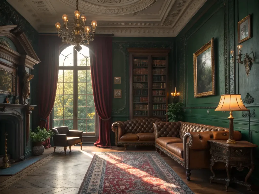 "Vintage Victorian living room with green walls, large windows, velvet furniture, antique decorations, and a mahogany bookshelf, bathed in warm sunlight"