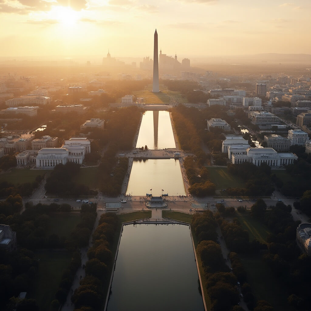 Aerial view of the National Mall including Lincoln Memorial, Washington Monument, and Capitol Building at golden hour with warm light reflections