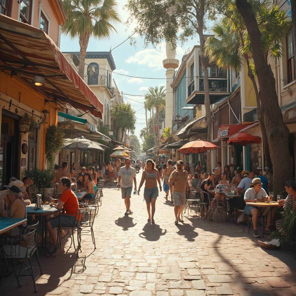 Diverse local residents enjoying an outdoor café event in downtown Orlando, exhibiting the city's multicultural heritage through a blend of architectural styles, under a warm and vibrant sunlight.