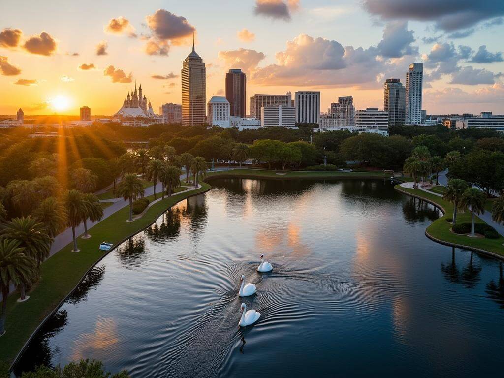 "Orlando cityscape at golden hour featuring Lake Eola Park, swan boats, modern skyline with SunTrust Center, distant Disney's Cinderella Castle and Universal's architecture, with palm trees and sunset sky."