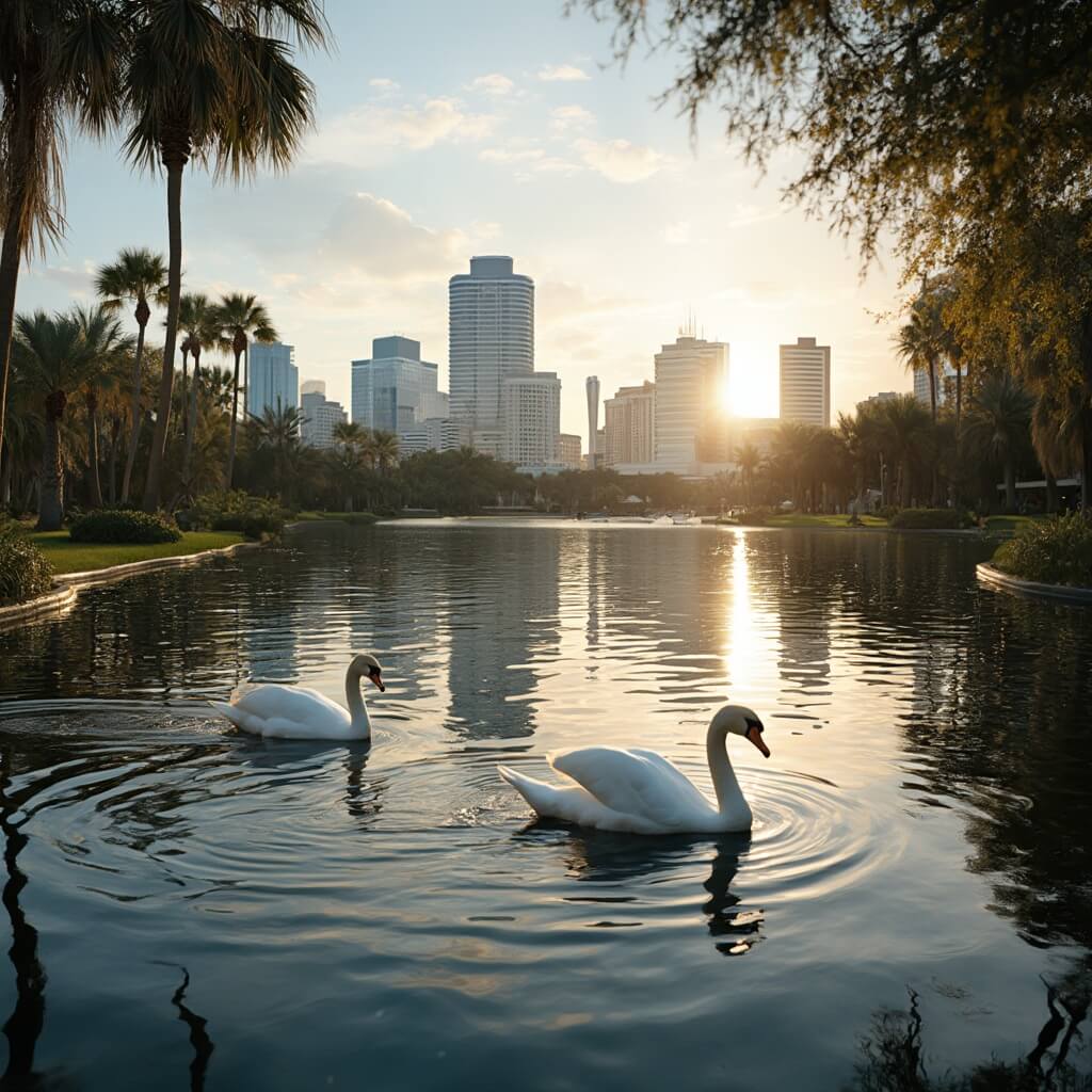 Swans swimming in Lake Eola at golden hour with Orlando skyline reflected and palm trees framing the scene