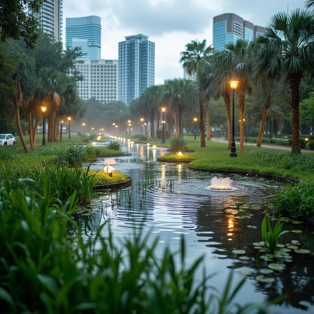 Orlando's advanced water management system with retention ponds, green infrastructure, and eco-friendly drains in an urban park during rainfall, downtown skyscrapers in the backdrop