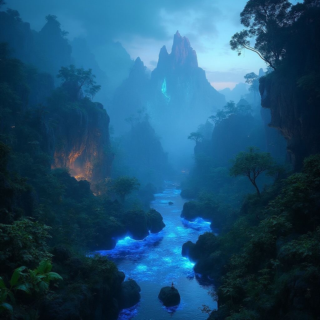 Twilight view of the bioluminescent landscape in Pandora: The World of Avatar at Disney's Animal Kingdom, featuring floating mountains, exotic plants, and detailed rock formations under ethereal blue and green lights.