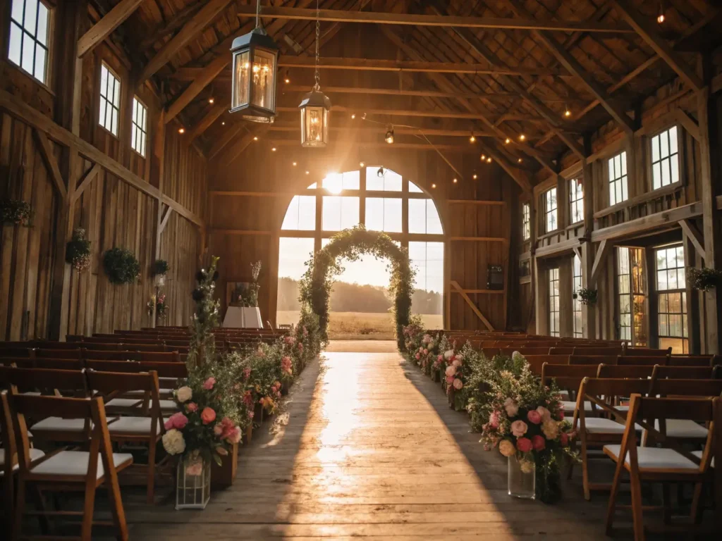 "Rustic barn wedding ceremony with vintage lanterns, floral arch, and sunbeams filtering through windows during golden hour"