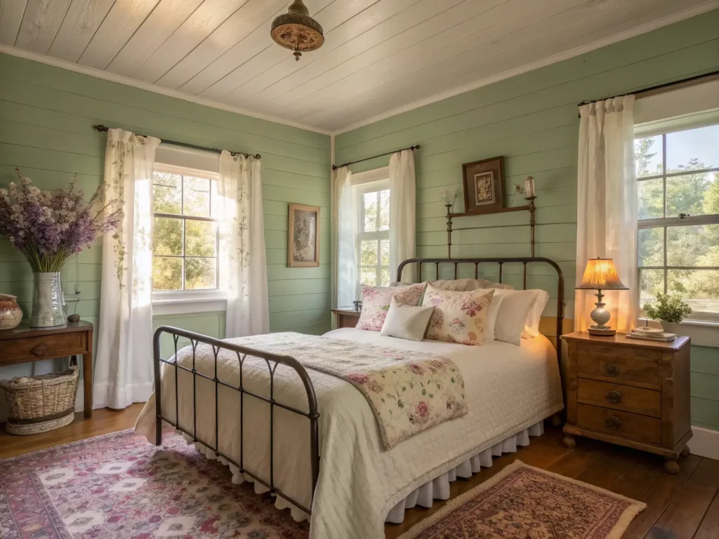"Vintage, romantic cottagecore bedroom with sage green walls, antique iron bed, and rustic decor at golden hour."