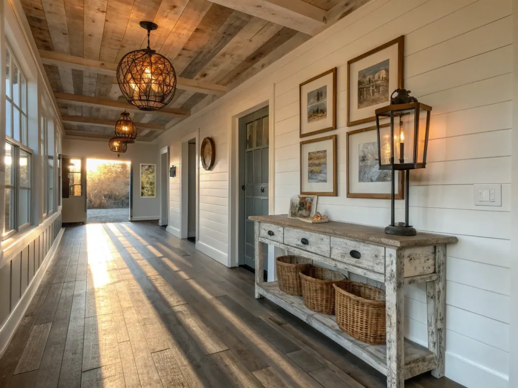"Rustic farmhouse hallway with sunlit shiplap walls, reclaimed wood flooring, antique furniture, and vintage decorations in neutral earth tones."