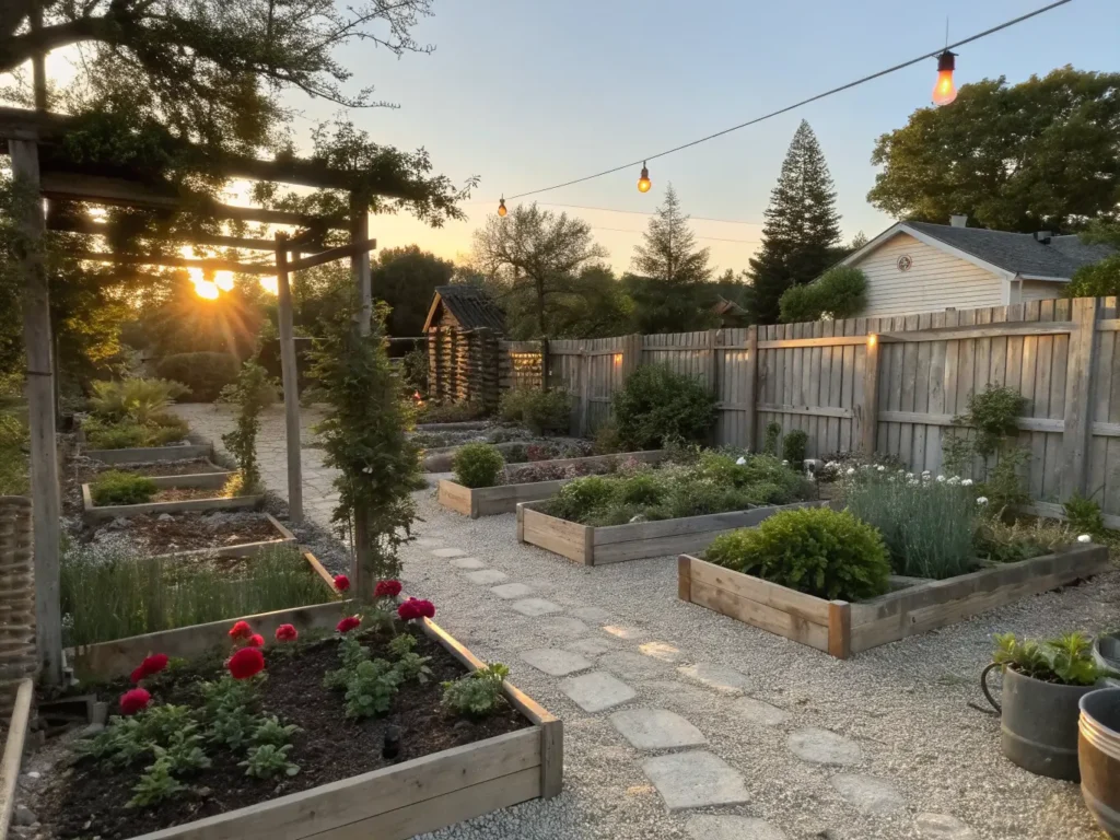 "Rustic farmhouse garden at golden hour, featuring cedar raised beds, climbing rose draped arbor, vintage planters, and wooden fencing"