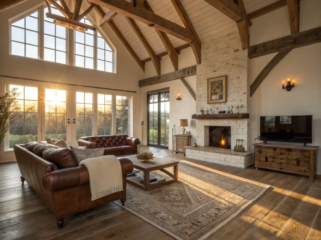 "Rustic living room during golden hour with wooden beams, a leather Chesterfield sofa, Persian and jute rugs, and a stone fireplace"