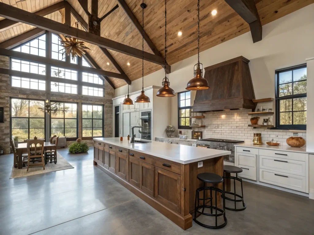 "Rustic modern barndominium kitchen with high ceilings, dark wood beams, large oak island, industrial pendant lights, concrete floors, vintage cookware, open shelving, floor-to-ceiling windows, white brick wall, stainless steel appliances, farmhouse sink, and sliding barn doors."