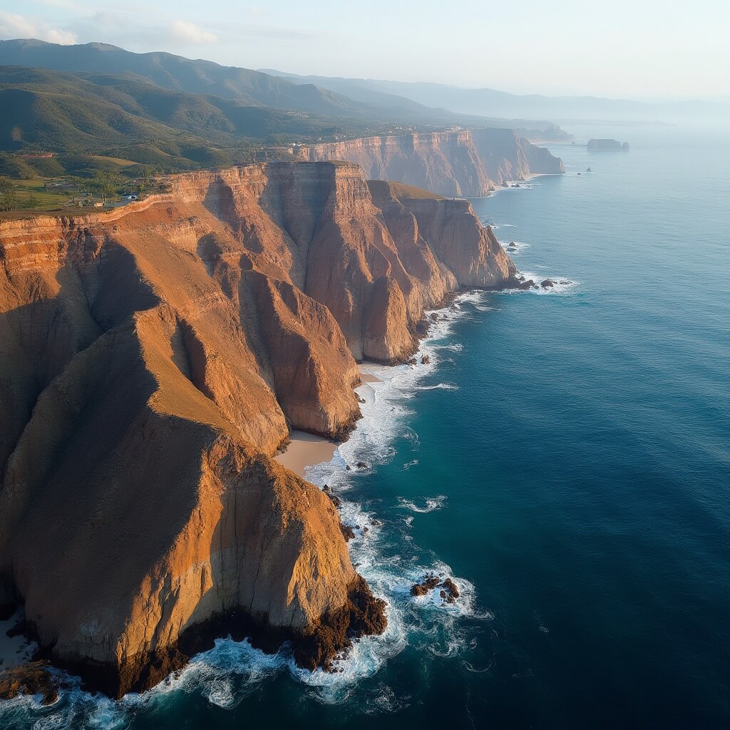 Aerial view of San Diego's mountainous coastline meeting the Pacific Ocean at golden hour