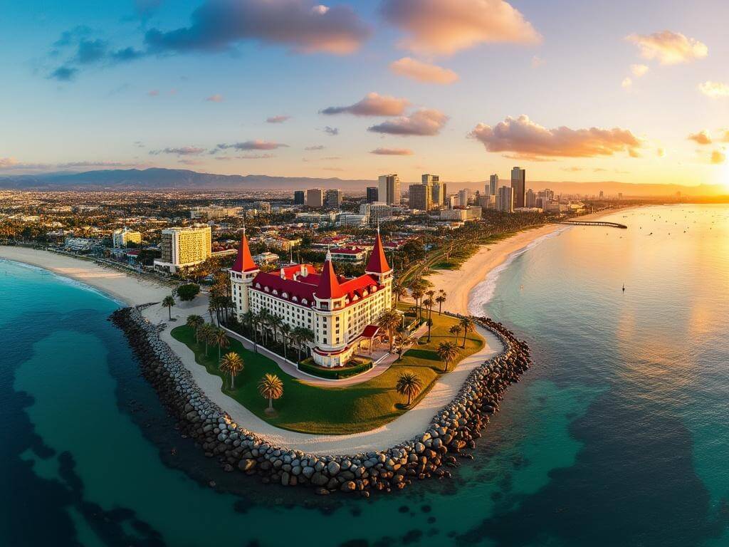 "Panoramic aerial view of San Diego's coastline at sunset featuring Hotel del Coronado, downtown skyline, Balboa Park, La Jolla Cove and various natural landscapes."