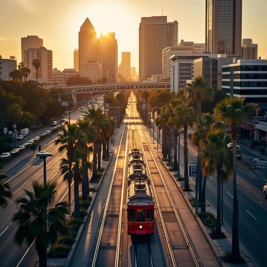 Aerial shot of a red trolley amid San Diego downtown high-rises and palm trees during golden hour