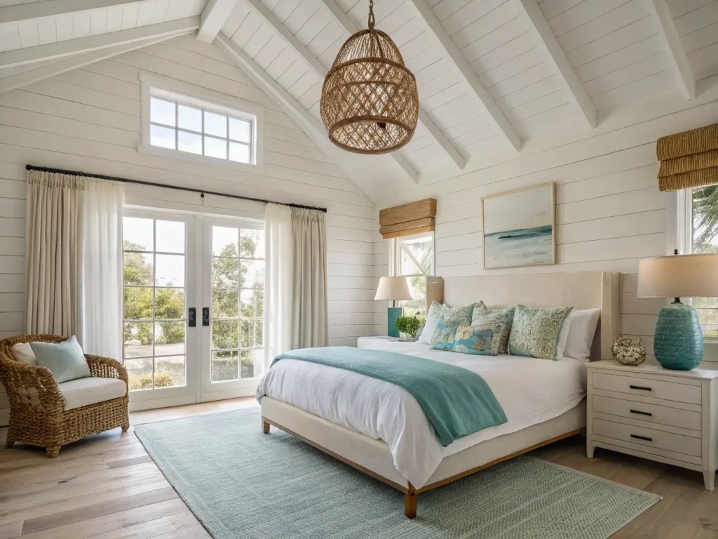 "Serene coastal bedroom with natural textures, seafoam blue and white bedding, rattan accents, and ocean palette decor."