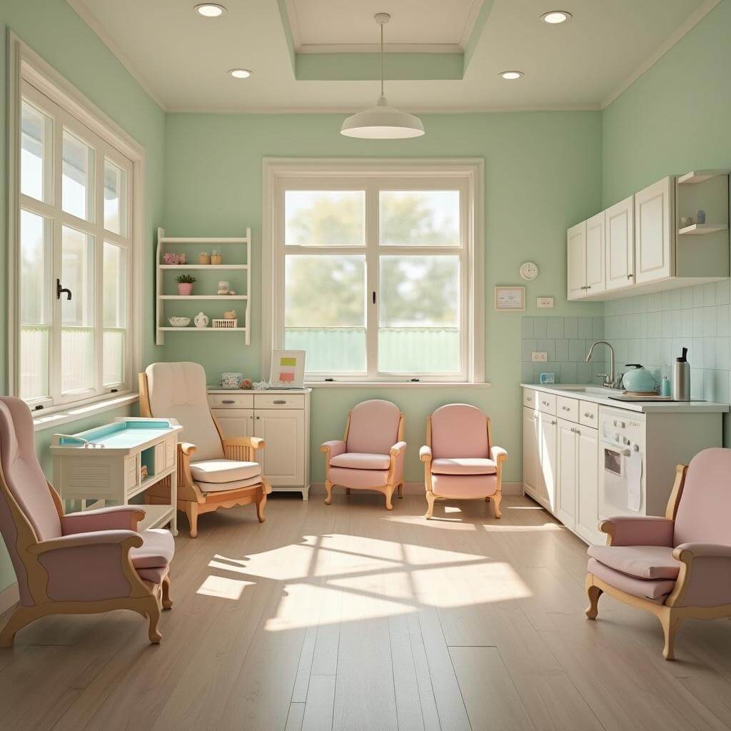 Baby care center interior with pastel-colored walls featuring nursing chairs, changing stations, a mini kitchen, white cabinets and child-sized furniture, illuminated by natural light from frosted windows