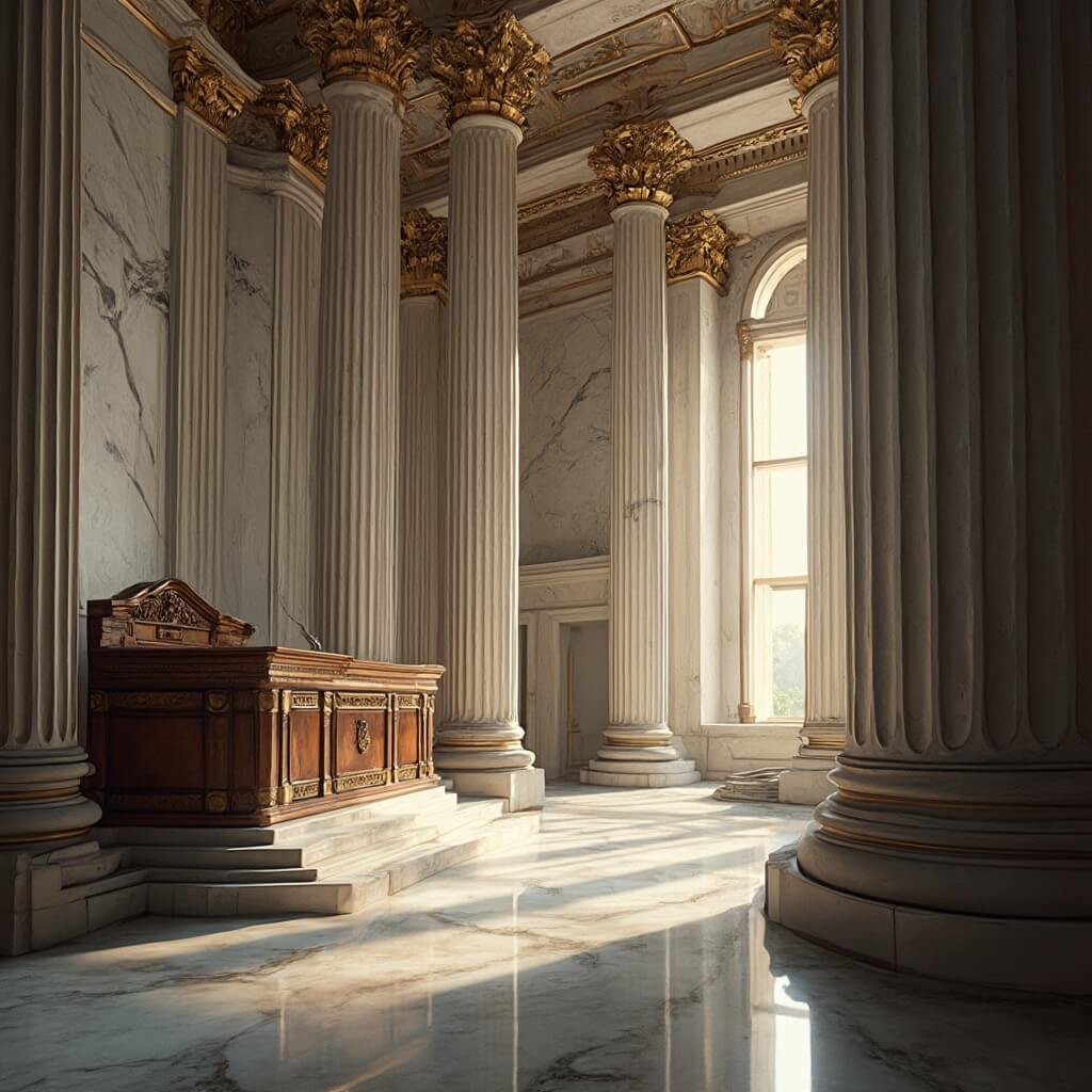 Low angle view of the Supreme Court's main chamber featuring grand marble columns, intricate architecture, and the judicial bench, emphasizing the room's architectural significance