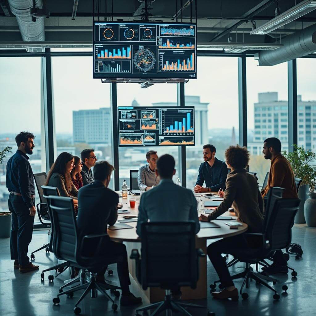 Diverse group of researchers discussing in a modern think tank with data visualizations on digital displays, the D.C. skyline in view through large windows