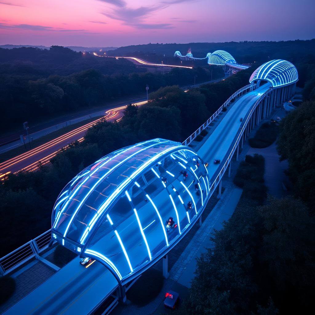 Twilight aerial view of TRON Lightcycle Run with electric blue illuminated canopy against a purple sky, with light trails from racing motorcycles on sleek track