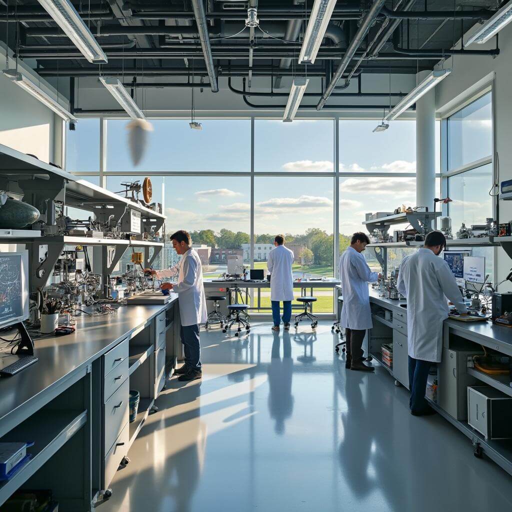 Students in white coats working on aerospace components in a modern university research lab, featuring high-tech equipment, metal workbenches, and windows overlooking UCF's campus.