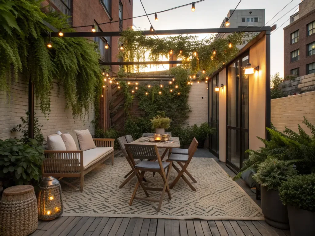 "Intimate urban patio at golden hour with modern teak bistro set, LED string lights, lush vertical garden, and subtle city backdrop, embodying a cozy and sophisticated atmosphere"