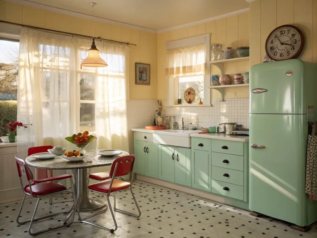 "1950s vintage kitchen interior with mint green refrigerator, butter yellow walls, checkerboard floor, and nostalgic decorations in warm sunset lighting"