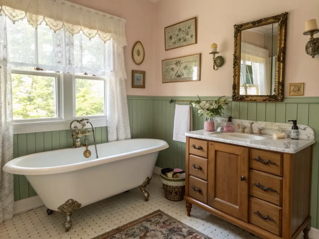"Sunlit vintage bathroom with sage green wainscoting, blush pink walls, cream clawfoot tub, Victorian-style marble vanity, gilded botanical prints, and glass-front linen cabinet displaying vintage textiles"