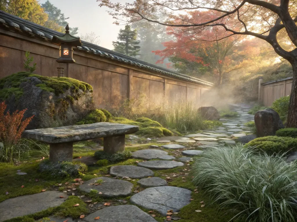 "Misty dawn in serene Japanese garden with moss-covered stones, weathered wooden bench, stone lantern and fallen maple leaf on stone path"