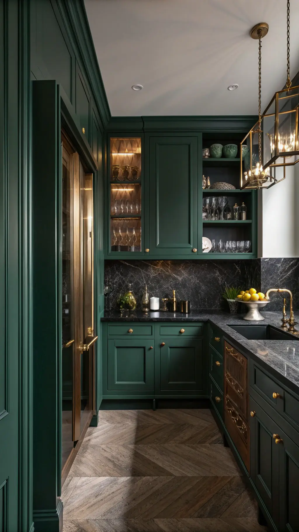 A 9x9ft square kitchen with glossy emerald cabinets, black granite countertops with gold veining, and dark walnut floating shelves with a black stoneware collection, under dusk lighting and vintage crystal decanters scattering light, viewed from the doorway.