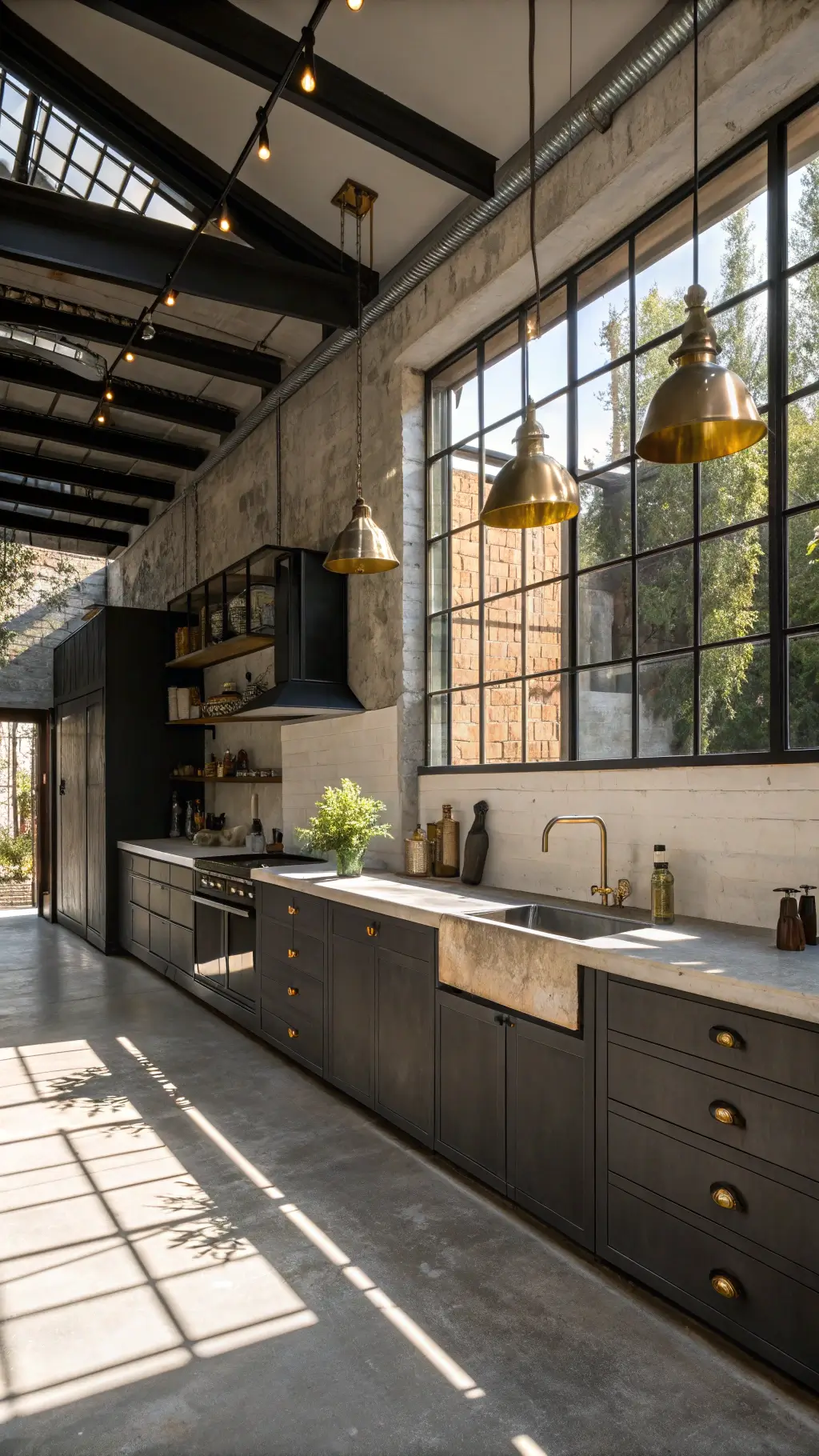 Industrial-style kitchen with blackened steel cabinets, concrete elements, raw brass fixtures, dark wooden accessories, highlighted by Edison bulb lighting creating amber glow, in stark afternoon light casting harsh shadows.
