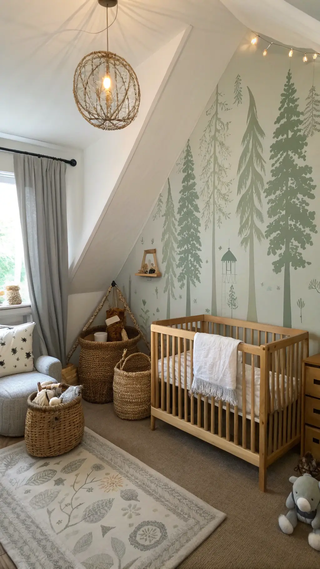 Whimsical woodland-themed nursery with hand-painted murals, natural wood crib, oversized stuffed animals, woven storage baskets, and a mushroom-shaped night light, bathed in mid-morning diffused light through tree-patterned curtains.