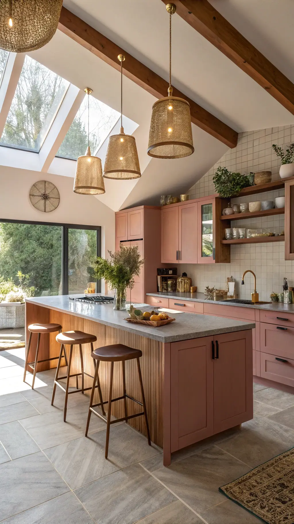 Sun-drenched, spacious kitchen with a golden hour glow, featuring dusty rose cabinets, concrete gray counters, mid-century modern bar stools at a floating peninsula, oversized gold pendant lights and styled with a vintage pottery collection and hanging herbs.