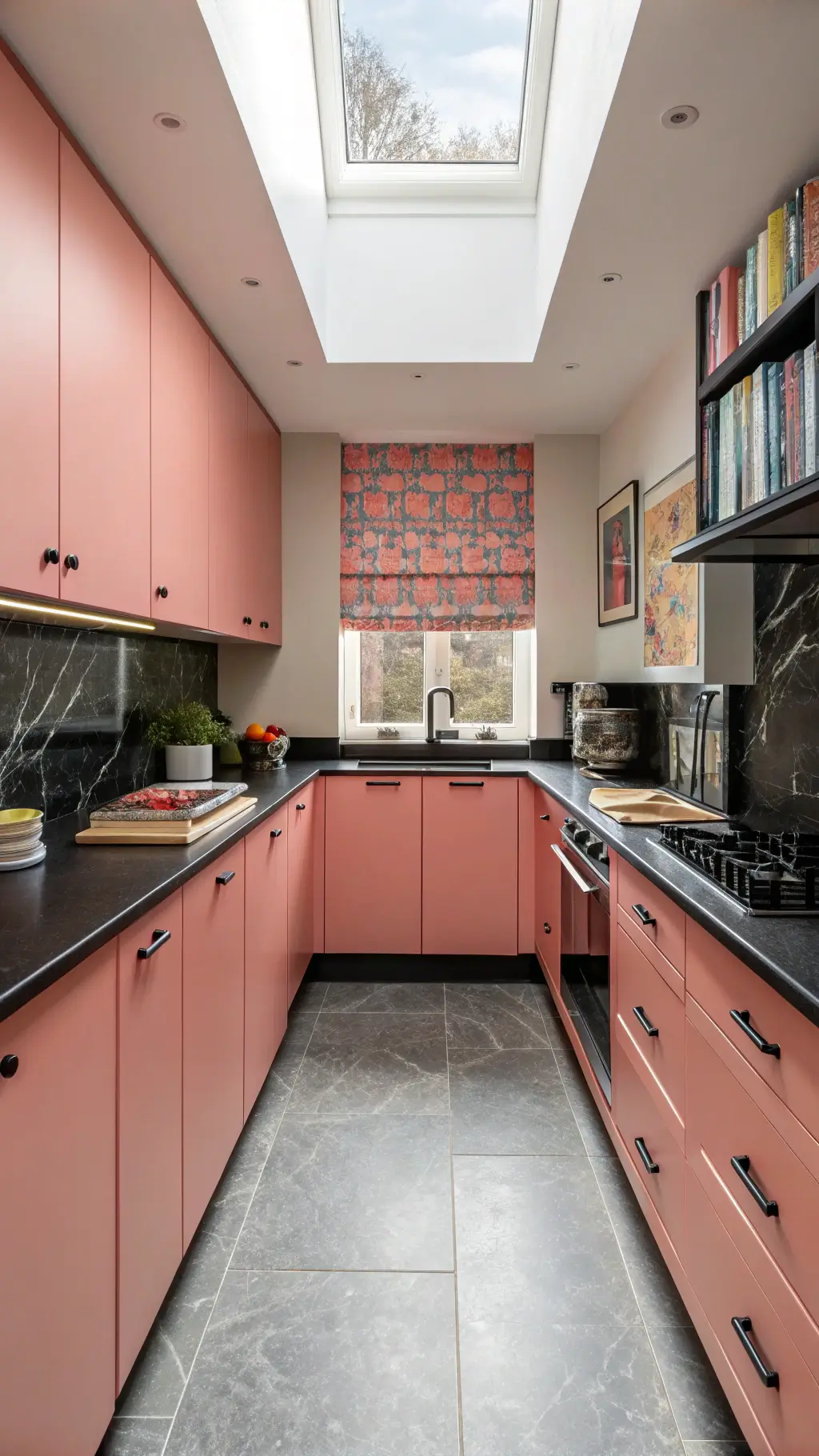 Compact 8x12ft galley kitchen with coral pink high-gloss cabinets, black marble countertops, matte black hardware and fixtures, bold artwork, a patterned roman shade, and rainbow-ordered stacked cookbooks, illuminated by afternoon light through a skylight.