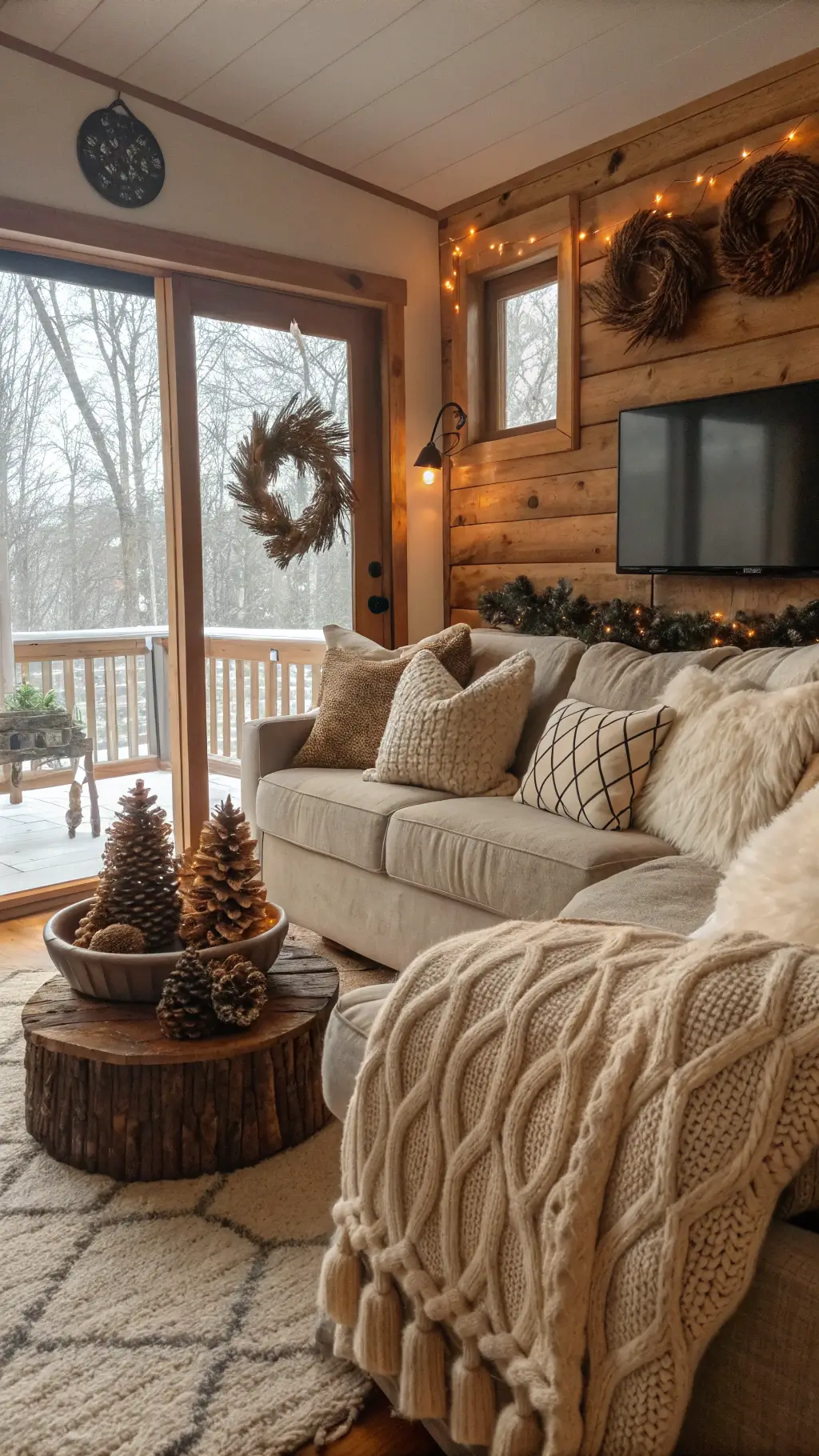 Cozy 14x16ft rustic family room bathed in afternoon light, decorated with chunky throws, faux fur pillows, wood elements, pinecone wreaths and handmade ornaments, shot at eye level with a warm filter.