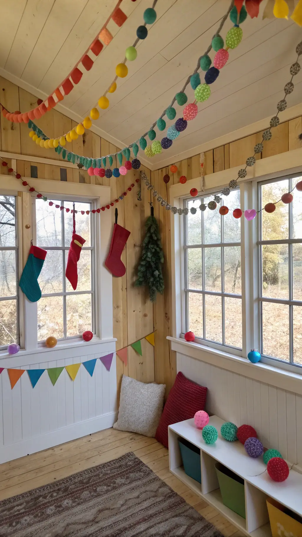 Cozy children's playroom with handmade decorations, paper chain garlands, felt stockings and colorful baubles in natural light, shot from child's eye level.
