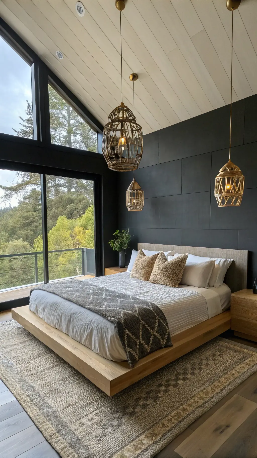 Contemporary 16x18ft bedroom with Dark Slate walls, bleached oak floating platform bed, Mongolian wool throws, ivory silk pillows, and asymmetrically suspended brass pendant lights in mid-afternoon light.