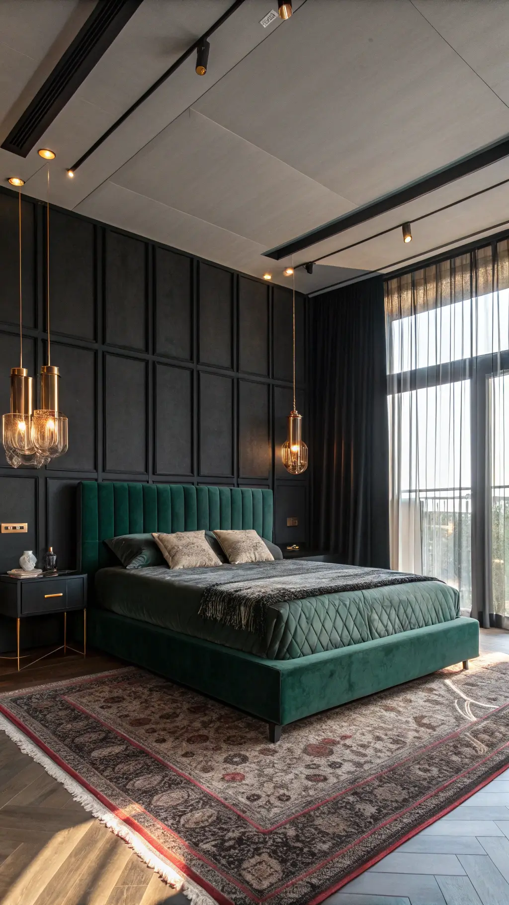 Elegant bedroom with dawn light filtering through metallic sheers, black paneled accent wall, forest green velvet platform bed, bronze lighting fixtures, and vintage Persian rug with emphasis on architectural details.