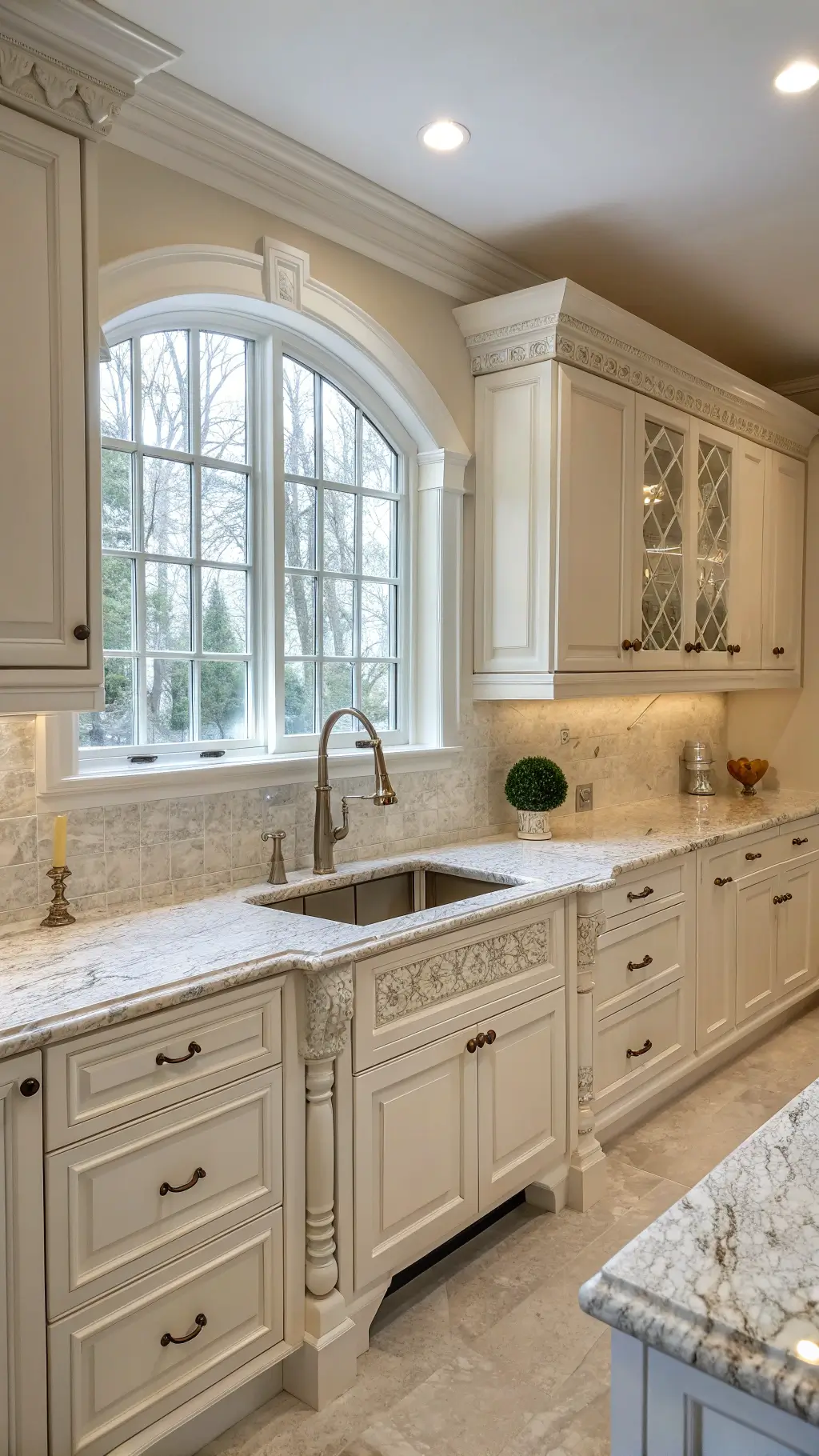 Classic kitchen with white raised-panel cabinets, intricate Kashmir White granite, crystal knobs, farmhouse sink under an arched window, illuminated by natural midday light.