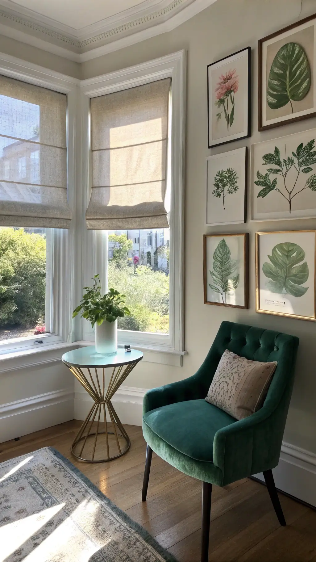 Afternoon lit Victorian bay window with contemporary roman shades and modern acrylic side table, paired with antique emerald velvet wingback chair and framed vintage botanical prints.