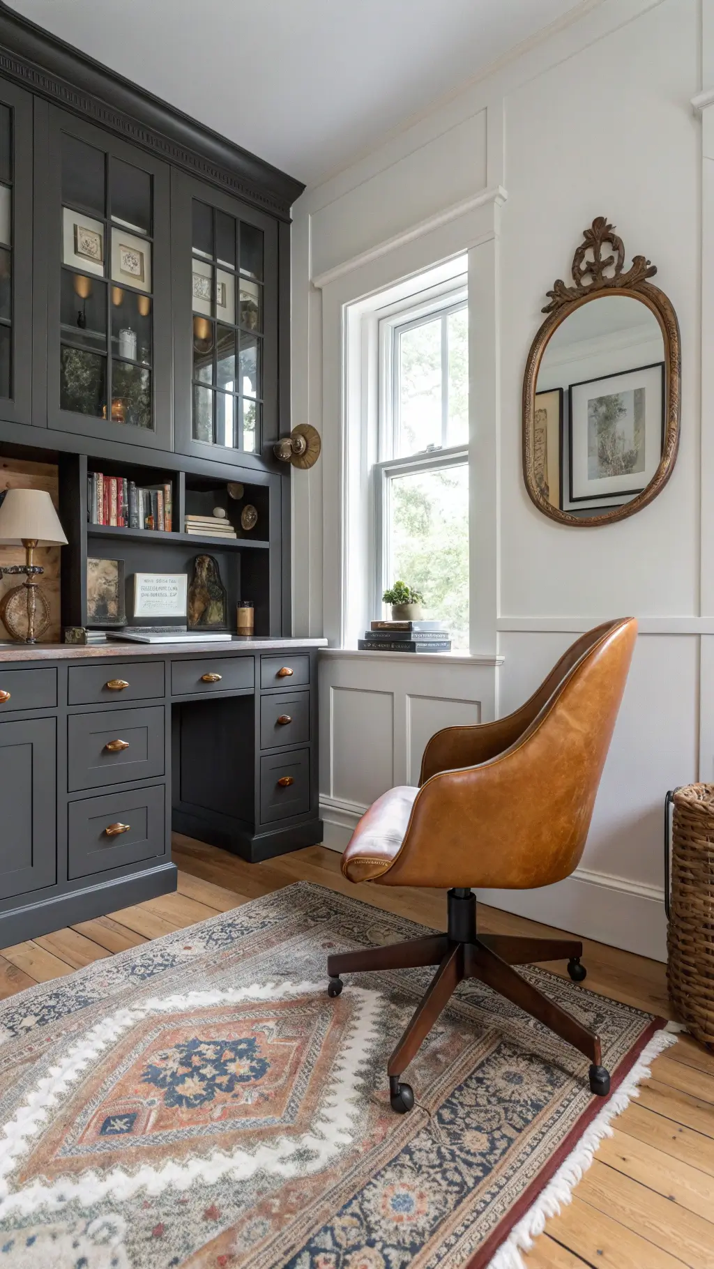 Victorian study corner with modern grey built-ins, mid-century cognac leather desk chair, vintage Persian rug over sisal, and white walls adorned with antique mirrors bathed in morning light.