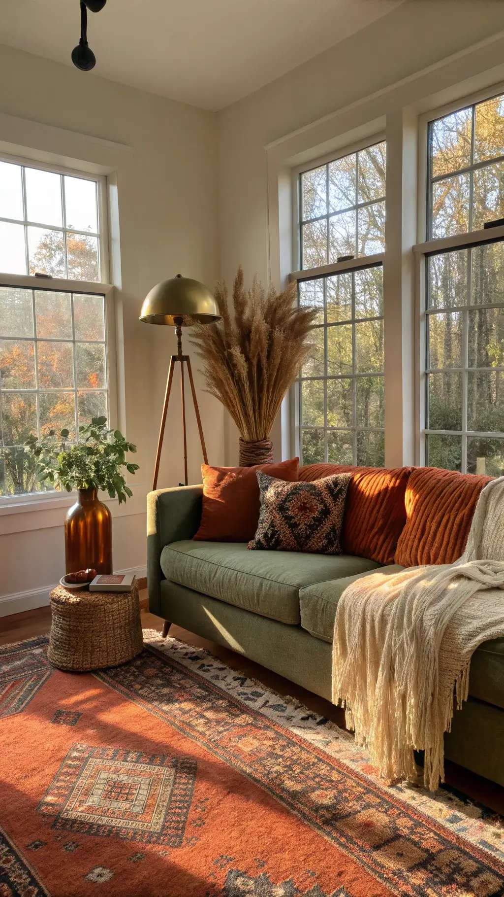 Cozy, sunlit 14x16ft living room in rust and olive green tones, featuring a wide bay window, vintage Persian rug, oversized linen sofa with orange and cream throws, brass floor lamp, and dried pampas grass in a tall ceramic vase.