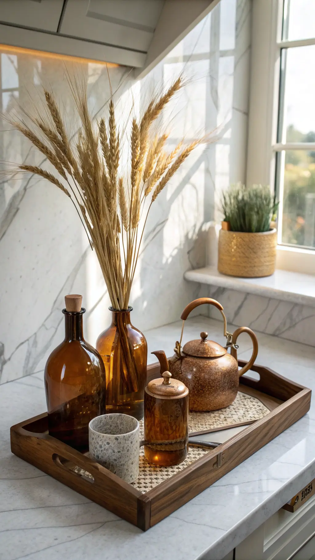 Kitchen countertop bathed in morning light, featuring a wooden tray with artisanal ceramics, dried wheat in an amber glass vase, and a copper kettle against a marble backsplash.
