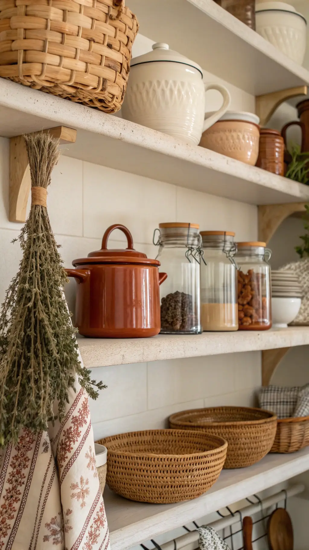 Close-up view of open kitchen shelves styled with vintage ceramics, copper cookware, woven baskets, and dried herbs under natural morning light.