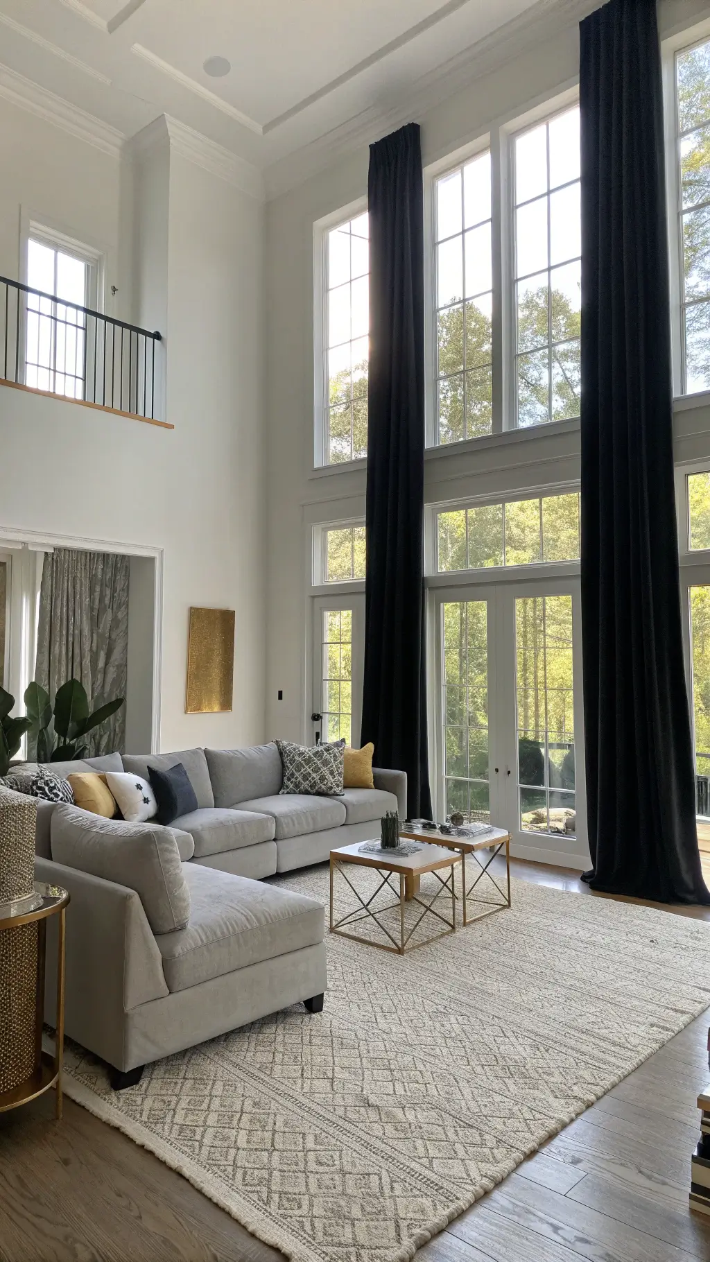 Contemporary 15x20ft living room with black velvet curtains, pearl white walls, grey sectional sofa, brass-accented side tables, cream bouclé accent chair, and geometric jute rug, bathed in golden afternoon sunlight filtering through the curtains.