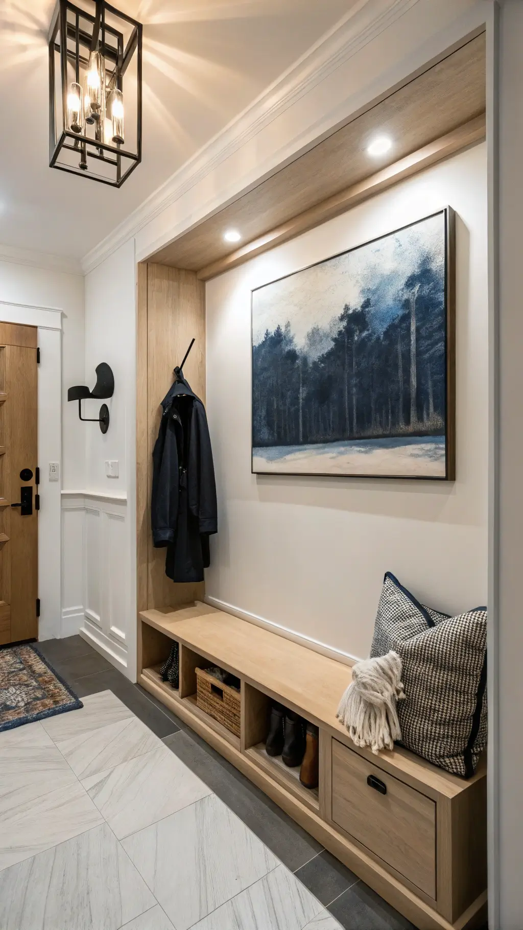 Modern minimalist apartment entrance alcove, featuring dimmable wall sconce, black accordion coat hooks, floating oak bench with hidden storage, and oversized abstract art.