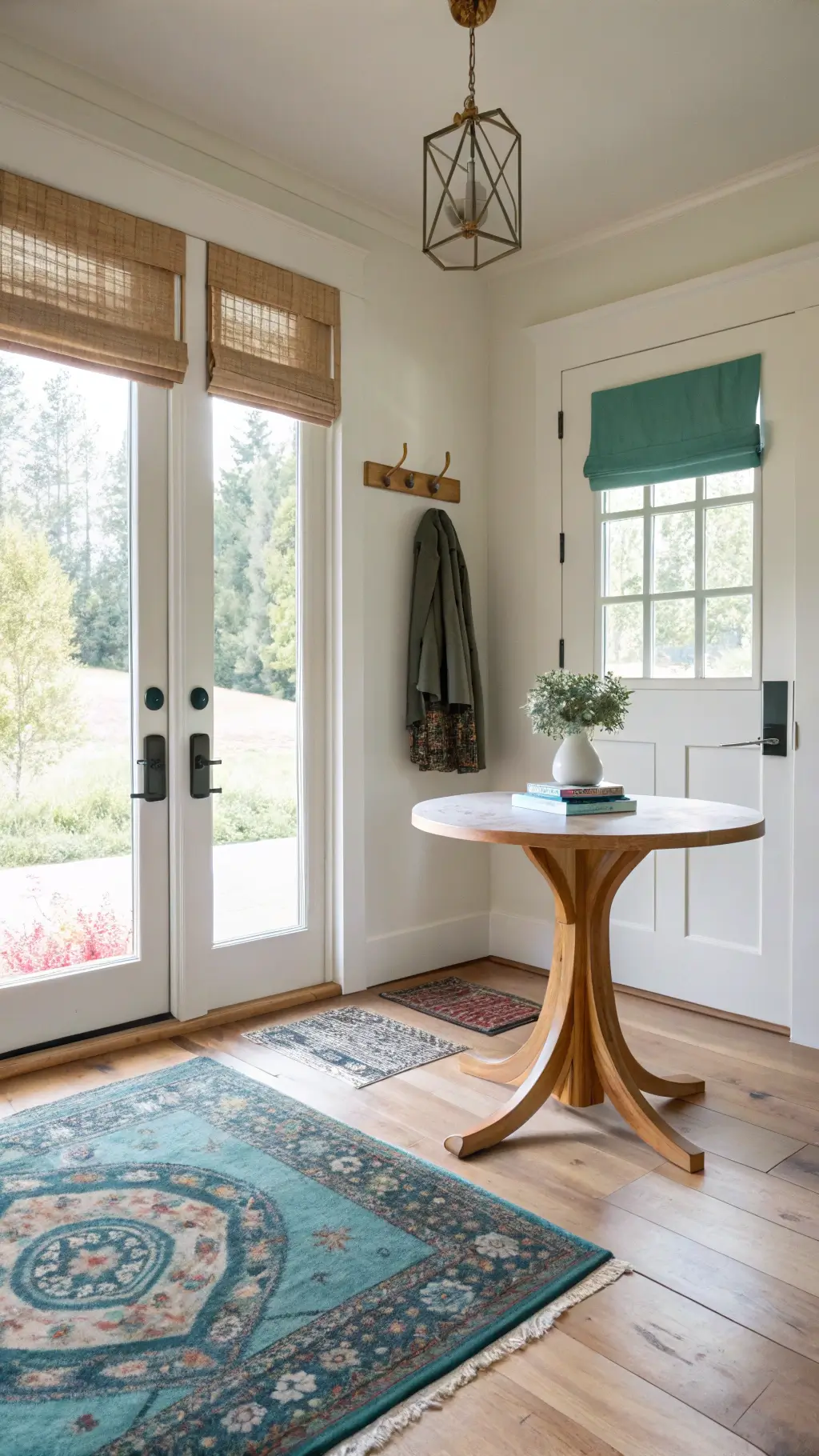 Contemporary craftsman style entry corner with a bleached maple table, brass coat hooks, and a teal rug, illuminated by noon light through a floor-to-ceiling window with a Roman shade.