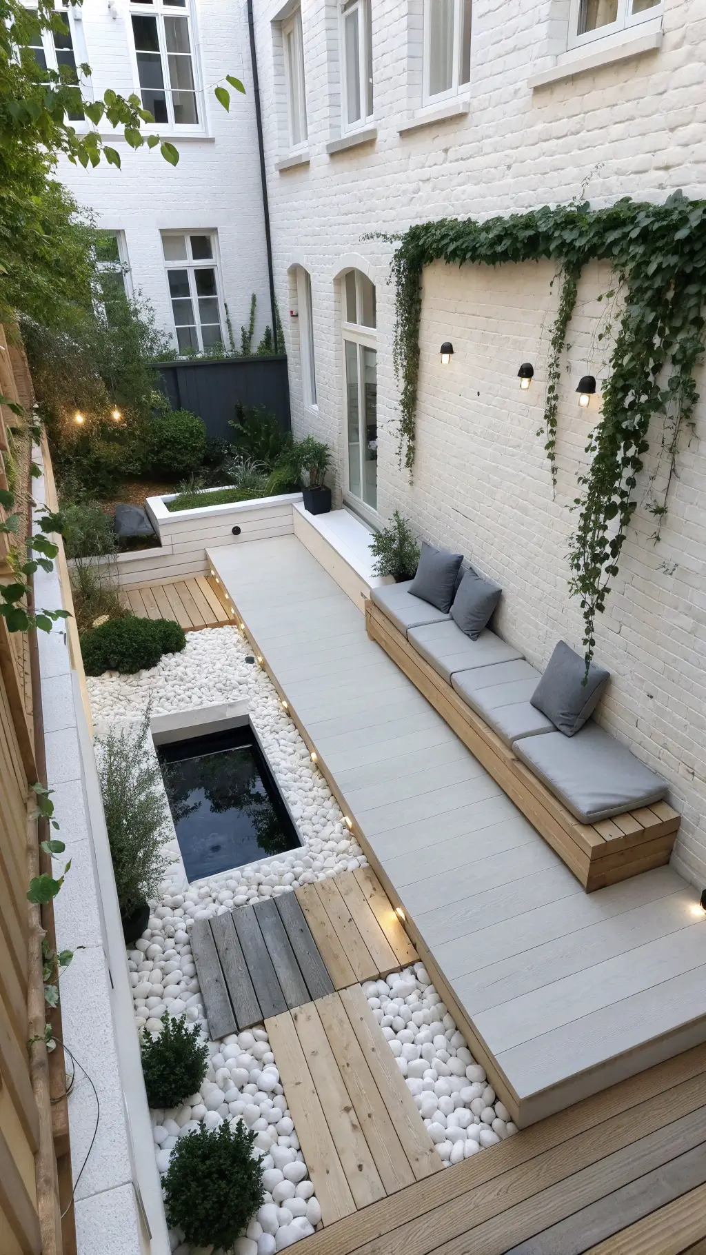 Aerial view of a serene and minimalist Scandinavian courtyard, featuring a blonde wood deck split by a minimal water channel boasting stepping stones, white gravel areas, built-in benches accessorized with sheepskin throws and gray cushions, surrounded by ivy-clad white brick walls in soft morning light.
